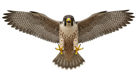 Isolated Peregrine Falcon with spread wings, close-up bird of prey, looking to the front, nature...