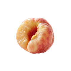 Close-up of a peach, cut in half, displaying a pale yellow flesh and pinkish-red skin.  The peach's flesh is slightly wrinkled