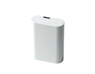 A sleek, white rectangular portable power bank with a subtly curved design and a small, recessed USB port on its top