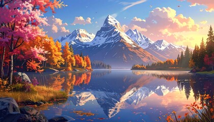 Obraz premium Bright autumn colors fill the landscape with orange and red leaves. Cottages nestle by a calm lake surrounded by majestic mountains under a blue sky.