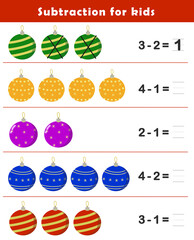 Subtraction Worksheet for Kids. Basic Subtraction Problems with Cute Illustration. Fun Math Game. Christmas activity sheet.