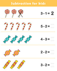 Subtraction Worksheet for Kids. Basic Subtraction Problems with Cute Candy Illustration. Fun Math Game.