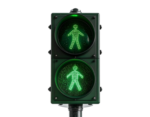 A vertical, two-section pedestrian traffic signal displays illuminated green pedestrian figures in both sections against a dark background.  The signal is metallic green with visible mounting hardware