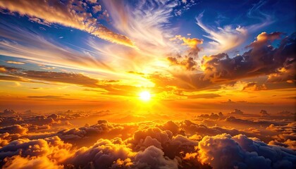 Aerial View of Clouds and Sky at Sunrise with Sunburst and Golden Light Displaying Dramatic Atmospheric Effects and Vivid Colors in a Cinematic Style