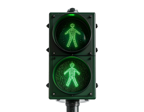 A vertical, two-section pedestrian traffic signal displays illuminated green pedestrian figures in both sections against a dark background.  The signal is metallic green with visible mounting hardware