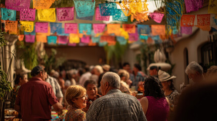 Colorful papel picado decorations hanging above a lively outdoor gathering with people enjoying food and conversations in a festive atmosphere under warm sunlight
