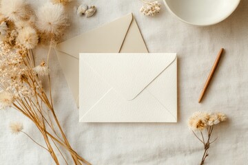 Blank envelope, beige and cream colored, amongst dried pampas grass and other nature elements on a light linen surface