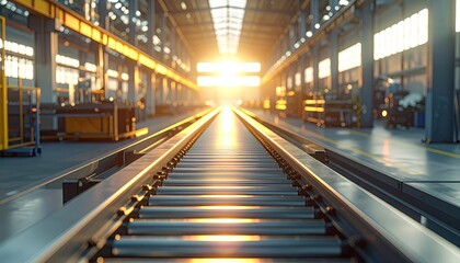 Industrial Conveyor Belt System in Sunny Factory Hall with Metal Structures