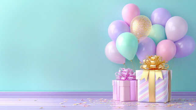 Birthday gift boxes and Bunch of balloons on empty wall background for text