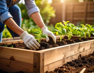 Fototapeta premium Woman planting seedlings in a raised garden bed