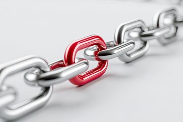 Obraz premium A single red link in a chain of silver links on a white background. The chain stretches horizontally. The red link stands out, emphasizing a point of difference or separation