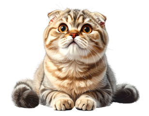 A fluffy, golden-brown tabby Scottish Fold kitten sits, gazing upward with large, expressive amber eyes.  Its fur is meticulously detailed, showing texture and highlights