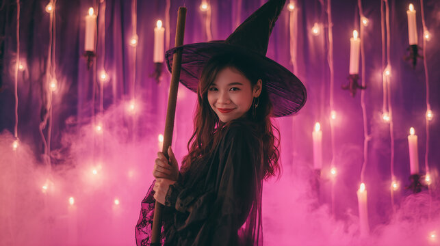 Stylish witch posing with broomstick
