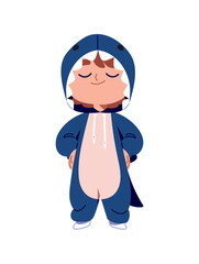 Adorable kid is wearing kigurumi, costume of shark with hood. Joyful child in funny pajama. Happy little boy is in cute onesie of animal stands. Flat isolated vector illustration on white background
