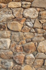 A close-up view of a textured stone wall, showcasing the varied shades of brown and beige stones.