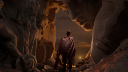 A traveler in a raincoat walks in a deserted canyon surrounded by giant sculptures of ancient gods, man and gods, allegory. 3d rendering