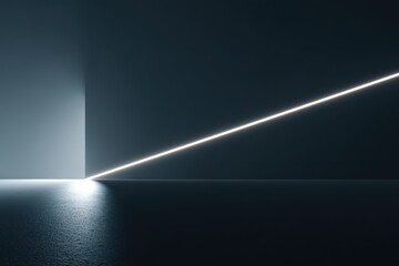 Abstract Modern Light Display: A striking image capturing a minimalist space with clean lines. Featuring a luminous streak of light that dramatically cuts through the shadows.