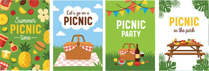 Picnic poster set, summer outdoor cards, picnic basket illustration, party food vector, nature picnic design, seasonal celebration graphics