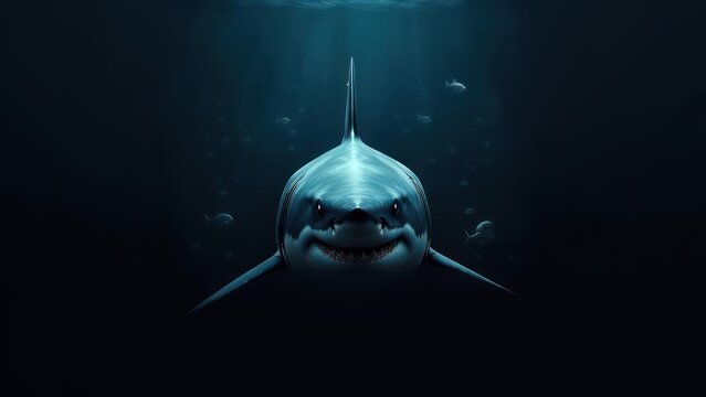 Majestic great white shark glides underwater in deep ocean habitat with smaller fish swimming nearby, a stunning depiction of marine wildlife