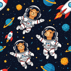 Adorable camel astronauts floating happily in outer space with colorful planets rockets and stars Fun adventure