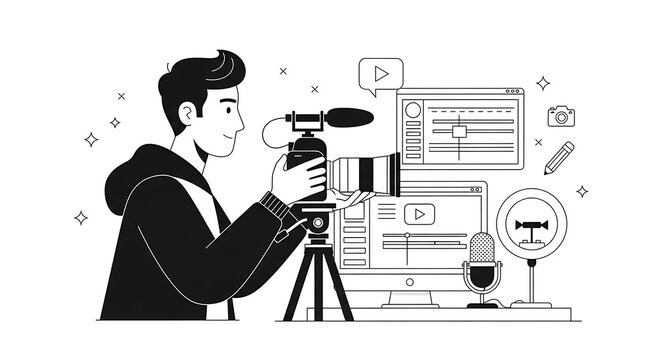 Filmmaker operating camera for videography and content creation with editing software and equipment