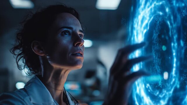 A woman interacts with a glowing holographic interface in a dark room. The scene reflects advanced technology, innovation, and the future of human&ndash;machine interaction.