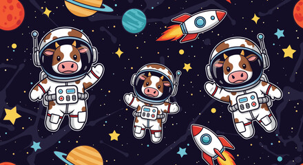 Cute cartoon astronaut cows floating in space with rockets and planets playful adventure theme for kids © Segen