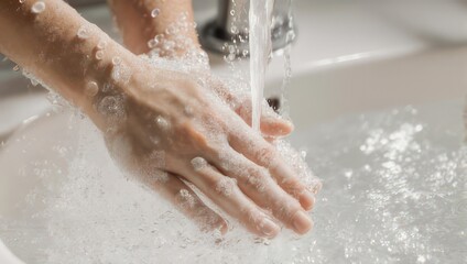 Washing hands with soap and water for hygiene and health, a vital step in preventing germs and illness with clean running water in the bathroom sink