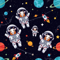 Playful astronaut goats explore space among planets stars and rockets Ideal for childrens designs