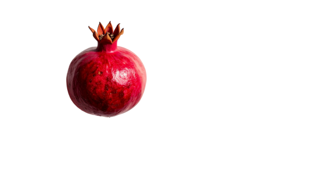 A single, ripe pomegranate, vibrant red with subtle shading, sits against a stark black background; its crown is detailed