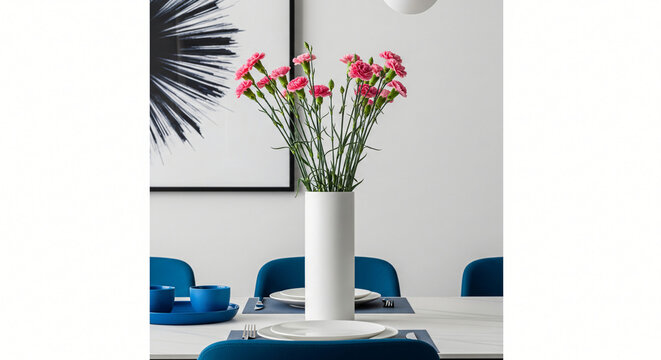 Floral Arrangement on Dining Table Pink Flowers in White Vase - Powered by Adobe