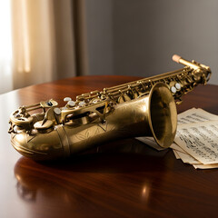 Obraz premium Vintage Saxophone on Wooden Table Bathed in Soft Natural Light