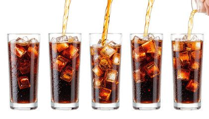 Five Glasses of Cola with Ice Cubes Being Poured soda isolated on a transparent background