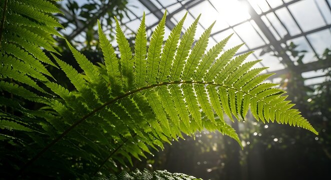 Close up of vibrant green fern in a greenhouse.