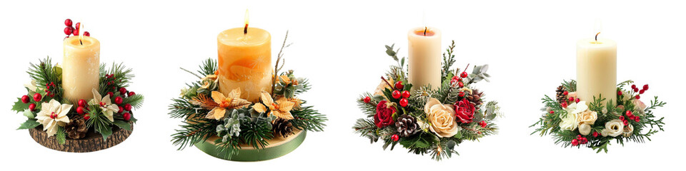 Festive Christmas Candle Arrangements Adorned with Evergreens Delicate Floral Accents