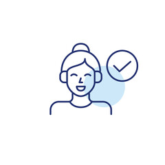 Woman in headphones and checkmark. Listening to music, approved radio or podcast quality. Pixel perfect, editable stroke vector icon