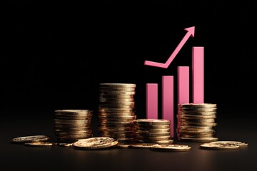 Gold coins stacked in piles with a growing pink graph