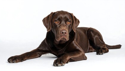 Chocolate Labrador lying against white background