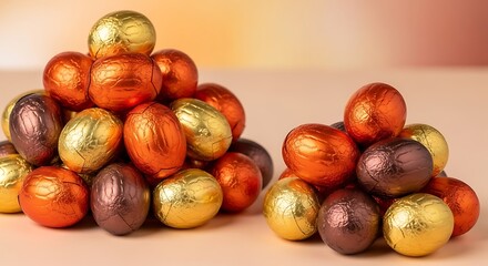Obraz premium Colorful Chocolate Easter Eggs Wrapped in Foil Piled High.