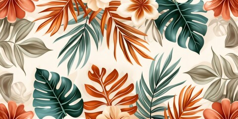 Tropical leaves foliage and flowers pattern background