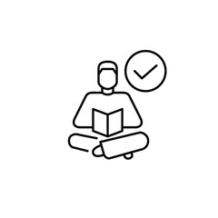 Man reading a book and checkmark. Verified knowledge, approved education. Pixel perfect, editable stroke vector icon
