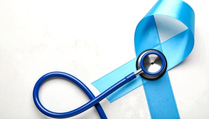 Blue Awareness Ribbon and Stethoscope on White Background