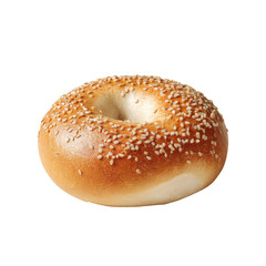 Close-up of a sesame bagel.  A round bagel, light golden-brown, topped with sesame seeds.  A noticeable hole in the center