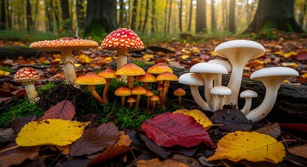 Colorful Forest Mushrooms in Autumnal Leaves.