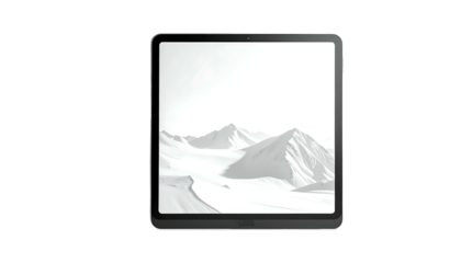 Sleek, dark-gray tablet displaying a grayscale mountainous landscape image on its bright screen.  Minimalist design