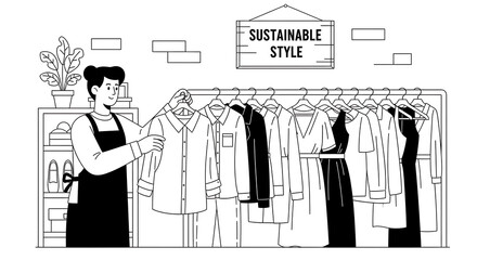 Sustainable fashion boutique with clothes on a rack, promoting eco-friendly style and conscious consumerism