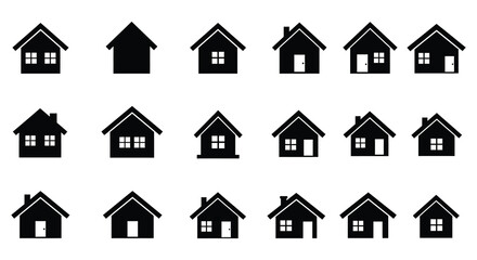 Collection of simple black house icons in a distinct silhouette