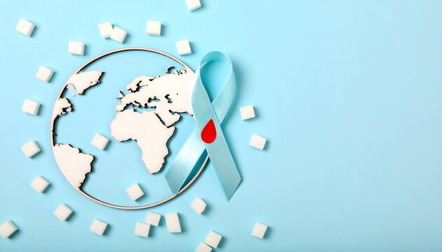 World Diabetes Awareness: Blue Ribbon, Sugar Cubes, Globe on Blue Background.