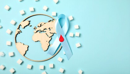Global Diabetes Awareness: Light Blue Ribbon, Wooden World Map, Sugar Cubes