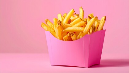 Golden French Fries in Pink Carton on Pink Background